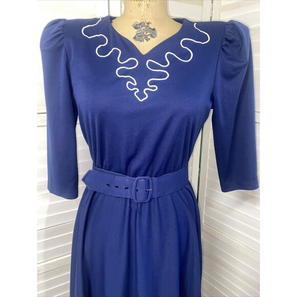Vtg 80s Whirlaway Frocks Navy 3/4 Sleeves Pleated Belted Fit & Flare Dress Sz 10 - Picture 2 of 10